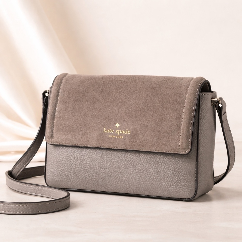 Kate Spade New York Grey Leather & Suede Crossbody Bag | Gold Logo